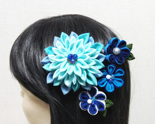 七五三　7歳　日本髪飾り　髪飾り　つまみ細工　水色 楽天市場】七五三 髪飾り 青の通販
