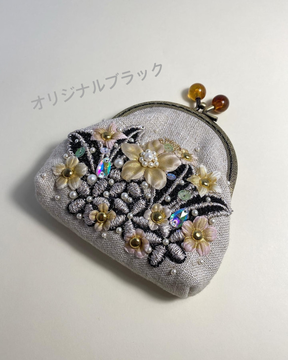 【原創亞麻黑色蕾絲】可愛gamaguchi小袋（9cm） 第1張的照片
