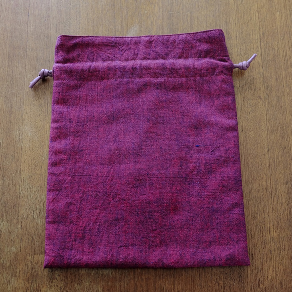 セール ◎ 巾着 ミニバッグ ポーチ/リネン 麻/ 赤紫に豹と花 ワインレッド 4枚目の画像