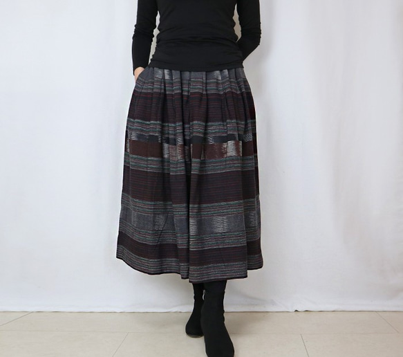 手織り綿絣ロングスカート、焦げ茶Xグレー、オールシーズン 1枚目の画像