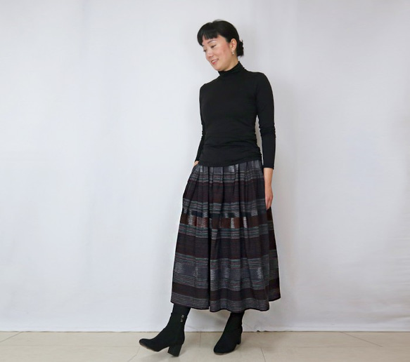 手織り綿絣ロングスカート、焦げ茶Xグレー、オールシーズン 4枚目の画像