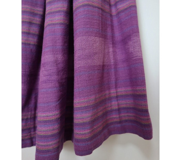 手織り綿絣ロングスカート、菫色ボーダー柄、オールシーズン 10枚目の画像