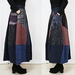 再販☆手織り綿絣、後ろ姿も可愛いパッチワークロングスカート、インディゴ、オールシーズン 7枚目の画像