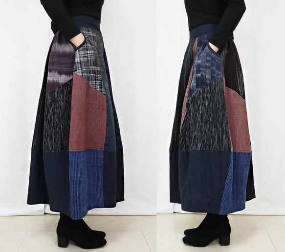 再販☆手織り綿絣、後ろ姿も可愛いパッチワークロングスカート、インディゴ、オールシーズン 7枚目の画像