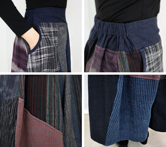 再販☆手織り綿絣、後ろ姿も可愛いパッチワークロングスカート、インディゴ、オールシーズン 9枚目の画像