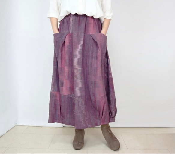 手織り綿絣、桜色が綺麗なバルーンスカート、春夏向け 2枚目の画像