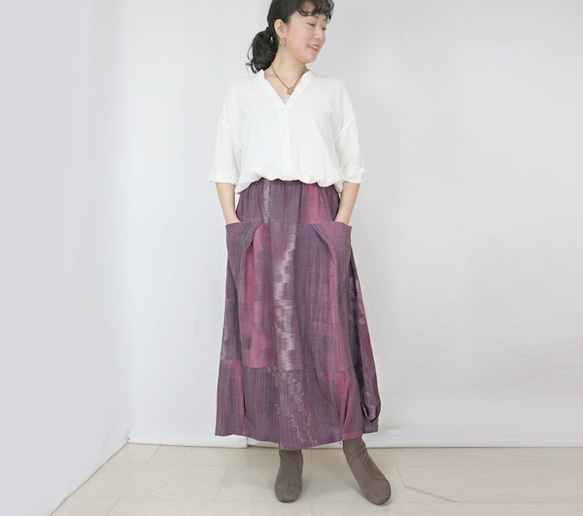 手織り綿絣、桜色が綺麗なバルーンスカート、春夏向け 3枚目の画像