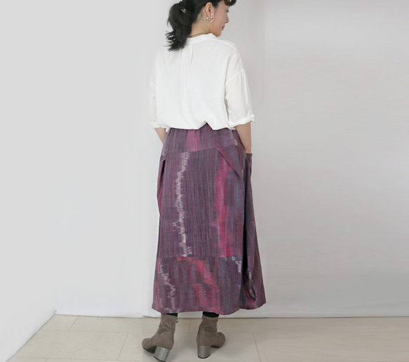 手織り綿絣、桜色が綺麗なバルーンスカート、春夏向け 5枚目の画像