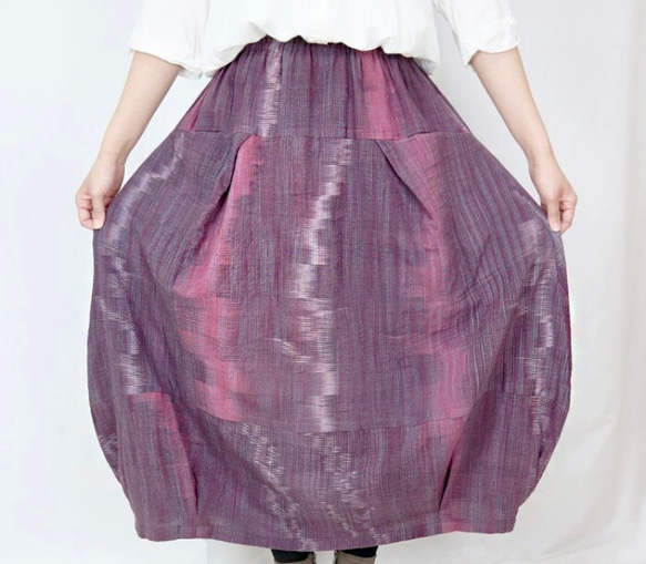 手織り綿絣、桜色が綺麗なバルーンスカート、春夏向け 7枚目の画像