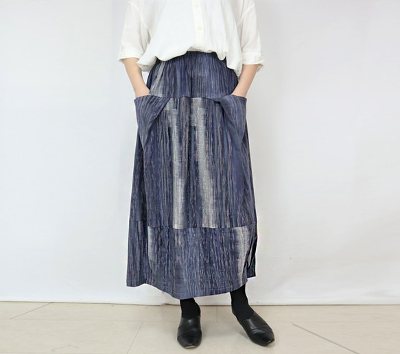 SALE☆彡手織り綿絣、青色が綺麗なバルーンスカート 1枚目の画像