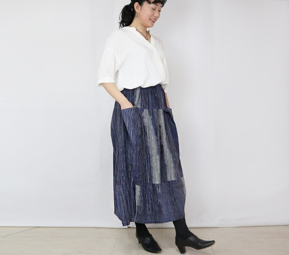 SALE☆彡手織り綿絣、青色が綺麗なバルーンスカート 2枚目の画像
