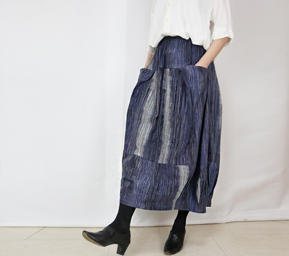 SALE☆彡手織り綿絣、青色が綺麗なバルーンスカート 5枚目の画像