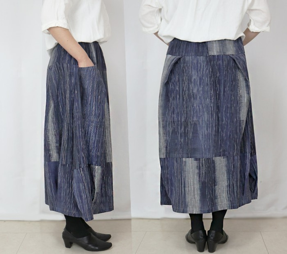 SALE☆彡手織り綿絣、青色が綺麗なバルーンスカート 7枚目の画像