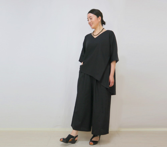 SALE☆コットンリネンのワイドパンツ、便利なトップス付き、ブラック 1枚目の画像