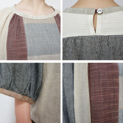 手織り綿パッチワークの涼しい七分袖トップス、ベージュミックス 10枚目の画像