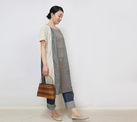SALE☆手織り綿パッチワークの涼しい半袖ロングチュニック、ベージュミックス 4枚目の画像