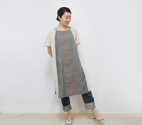 SALE☆手織り綿パッチワークの涼しい半袖ロングチュニック、ベージュミックス 6枚目の画像