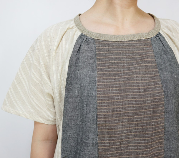 SALE☆手織り綿パッチワークの涼しい半袖ロングチュニック、ベージュミックス 9枚目の画像