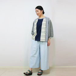 手織り綿パッチワークの涼しい七分袖トップス、ブルーミックス 4枚目の画像