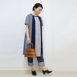 SALE☆手織り綿パッチワークの涼しい半袖ロングチュニック、インディゴミックス 5枚目の画像
