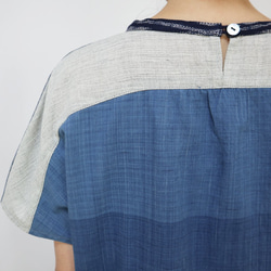 SALE☆手織り綿パッチワークの涼しい半袖ロングチュニック、インディゴミックス 9枚目の画像