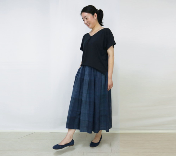 再12☆手織り綿絣ロングスカート、インディゴ縞絣、オールシーズン 4枚目の画像
