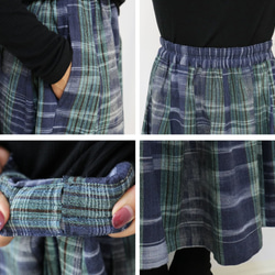 手織り綿縦縞絣ロングスカート、インディゴＸグリーンチェック柄、オールシーズン 10枚目の画像