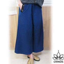 藍染手織り綿のタイパンツ、琉球絣付き 1枚目の画像