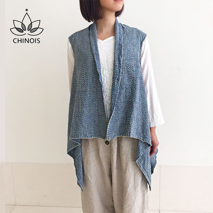 S/Mサイズ、ブルーコットンの刺し子のロングベスト風ジレ、オール