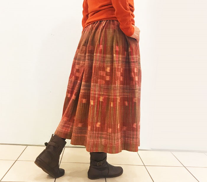 手織りコットンスカート　コットンマットミー　注文品　新品　タイ製 再販☆彡手織りコットンギャザーロングスカート、オレンジ