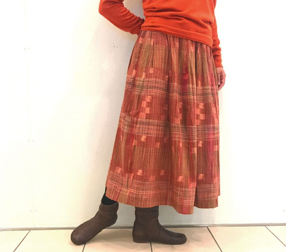 再販☆彡手織りコットンギャザーロングスカート、オレンジ、オールシーズン可 3枚目の画像