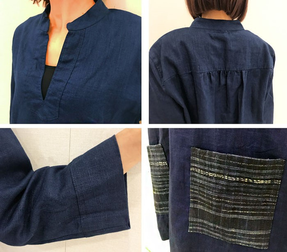 M~XLサイズ、上質リネンのゆったり七分袖チュニック、藍染ポケット付き 5枚目の画像
