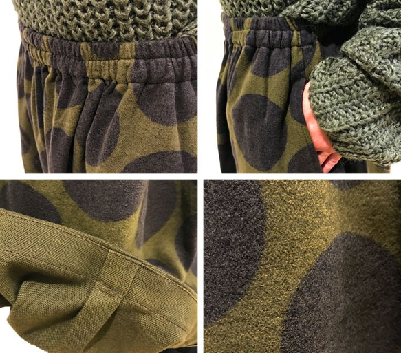 起毛コットンの温かバルーンスカート、フリーサイズ、ダークカーキ 5枚目の画像