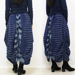 手織り綿絣の変わりロングスカート、インディゴ、オールシーズン 10枚目の画像