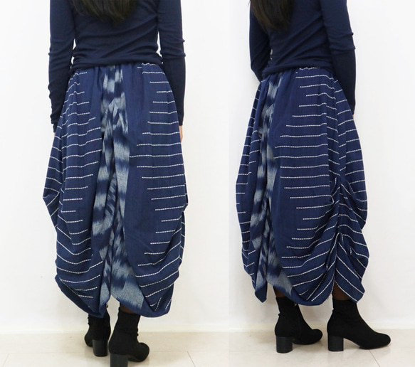 手織り綿絣の変わりロングスカート、インディゴ、オールシーズン 10枚目の画像