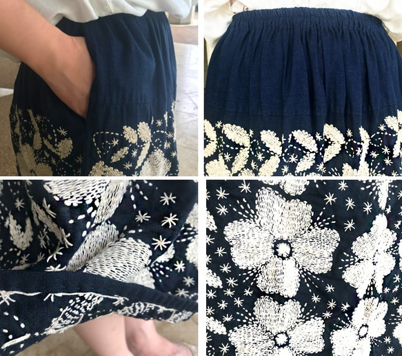 手縫いソフトヘンプの刺し子ギャザーロングスカート、ウエストフリーサイズ 7枚目の画像