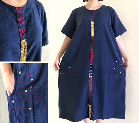 SALE☆彡藍染め手織り綿、手挿し刺繍のゆったりワンピース、オールシーズン、草柄 3枚目の画像