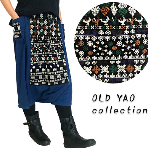 藍染め、手織り綿のロングサルエルパンツ、ヤオ族刺繍付き、オール 