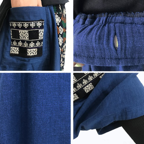 藍染め、手織り綿のロングサルエルパンツ、ヤオ族刺繍付き、オール 