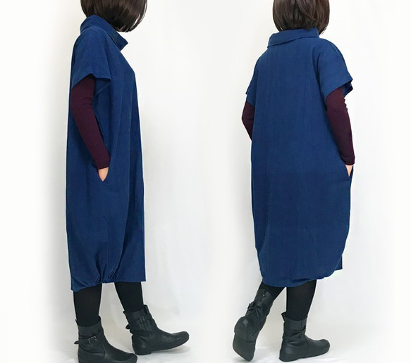 藍染手織綿、大きいサイズの着物古布付きバルーンワンピース 4枚目の画像