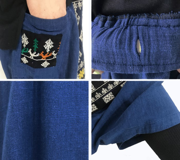 藍染め、手織り綿のロングサルエルパンツ、ヤオ族刺繍付き、オールシーズン可 6枚目の画像