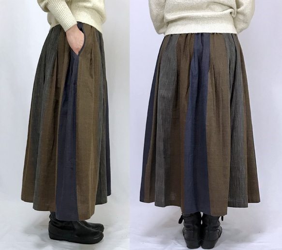 再販★手織り綿絣ロングスカート、マルチストライプ、オールシーズン 4枚目の画像
