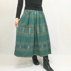 再3☆手織り綿絣ロングスカート、萌葱色、オールシーズン 1枚目の画像