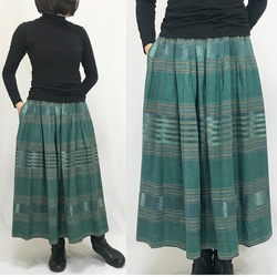 再3☆手織り綿絣ロングスカート、萌葱色、オールシーズン 3枚目の画像