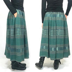 再3☆手織り綿絣ロングスカート、萌葱色、オールシーズン 4枚目の画像