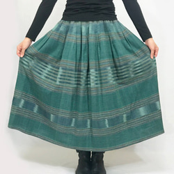再3☆手織り綿絣ロングスカート、萌葱色、オールシーズン 5枚目の画像