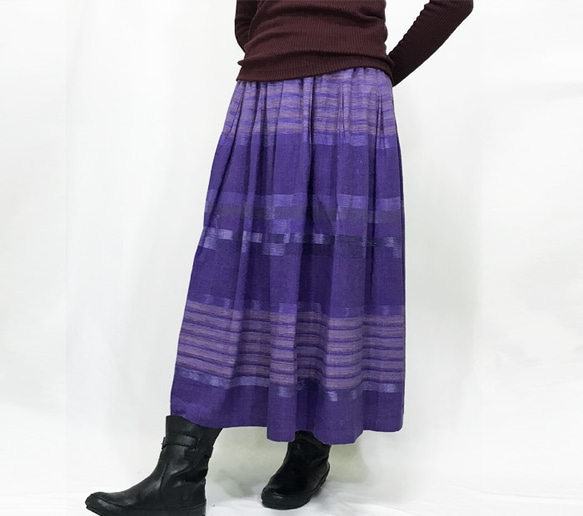 手織り綿絣ロングスカート、菫色、オールシーズン 2枚目の画像