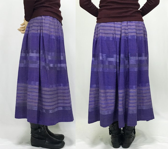 手織り綿絣ロングスカート、菫色、オールシーズン 6枚目の画像