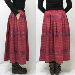 再4★手織り綿絣ロングスカート、茜（あかね）色、オールシーズン 6枚目の画像