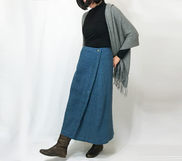 SALE☆手織り綿厚手ラップスカート、ターコイズブルー、フリーサイズ 2枚目の画像